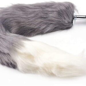 Metal Anal Butt Plug Furry Grey Cat Tail